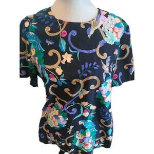 Vintage Diane Von Furstenberg DVF Black Silk‎ Hummingbird Blouse Medium
